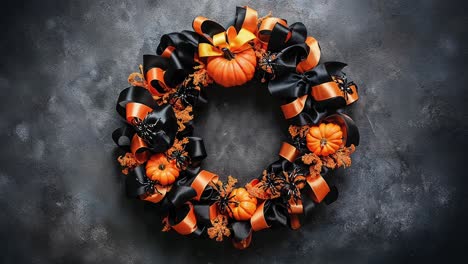 Halloweenkranz-Mit-Kürbissen-Und-Schwarz-orangefarbenen-Bändern