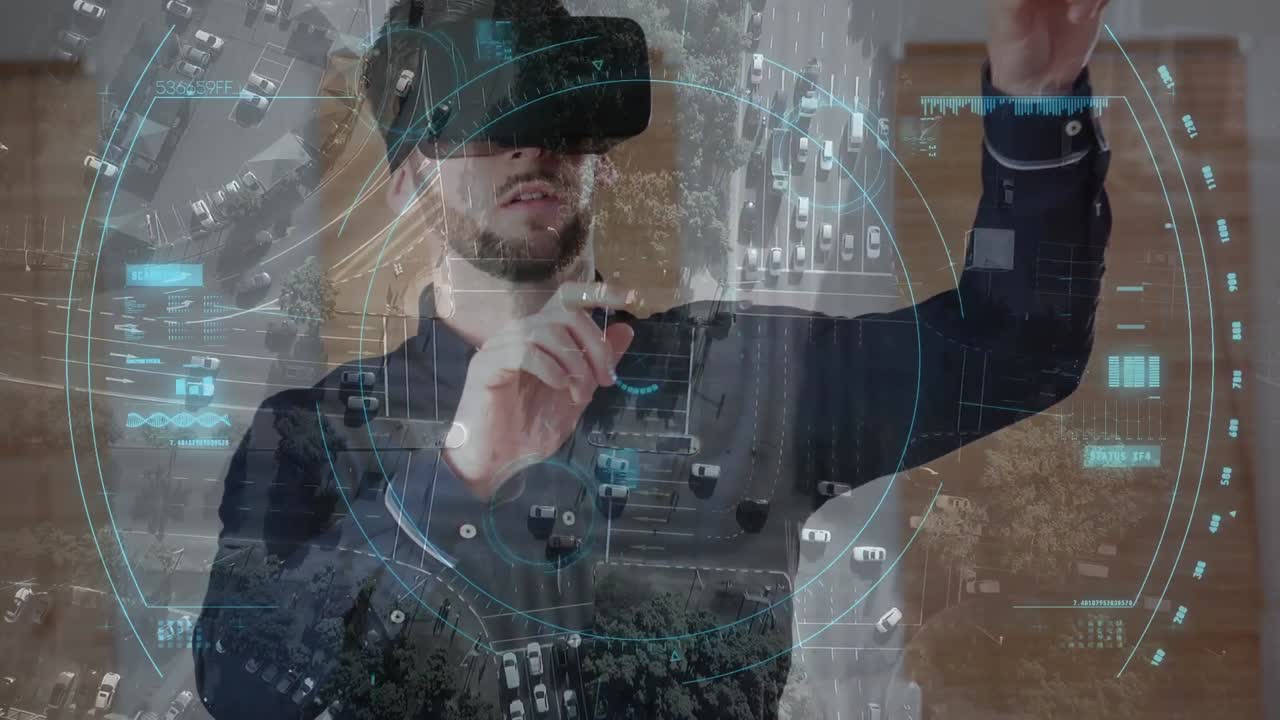 Omfangs-scanning mod mand med virtual reality-headset og byudsigt fra luften.