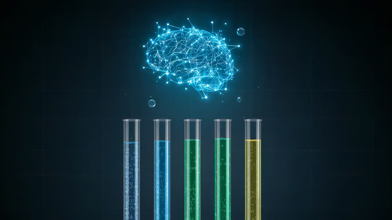 Laboratuvarda veri akışını gösteren 5 adet cam deney tüpünde yükselen baloncuklara neden olan titreşen holografik beyin
