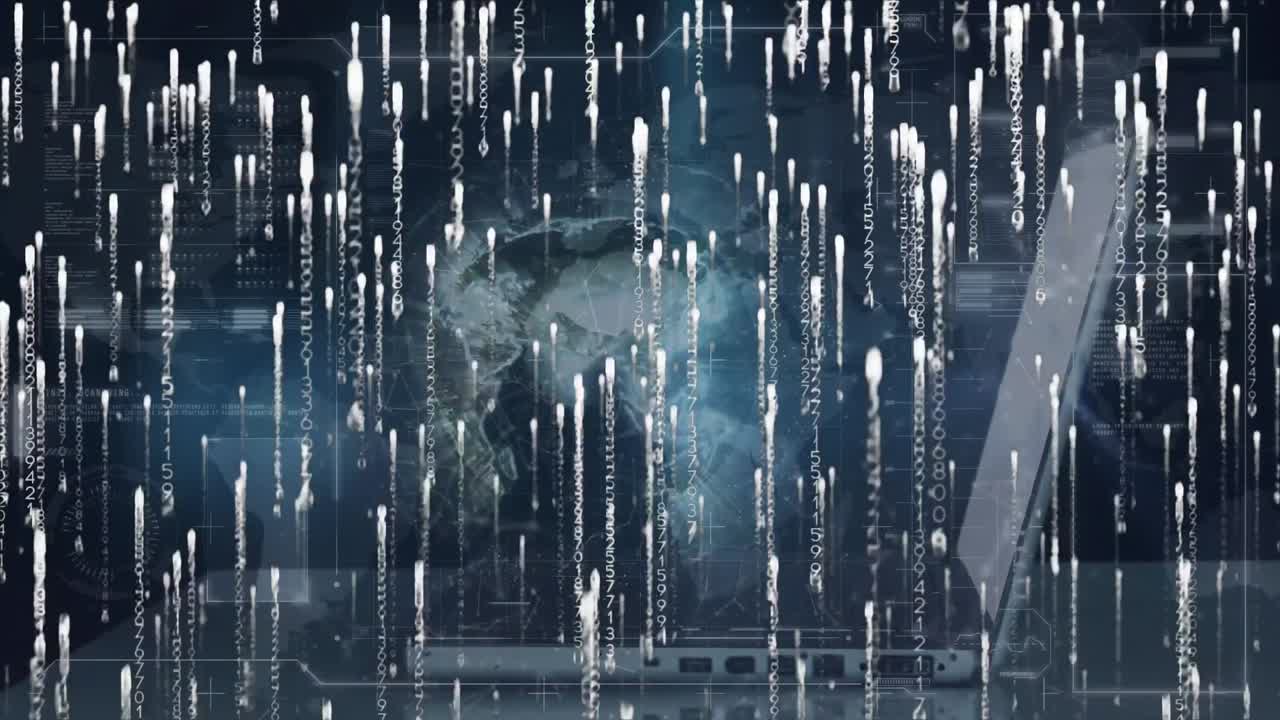 노트북을 사용하여 전 세계와 인간에 대한 데이터 처리 애니메이션