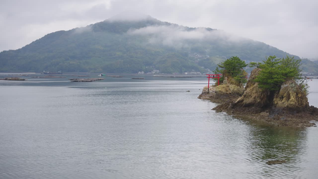 Etajima Island in Hiroshima Bay, Small Torii Shrine on Navy Road on Misty Day