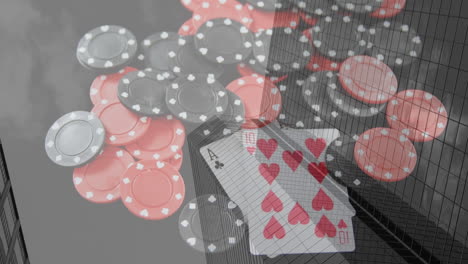 animation of casino playing cards and chips over cityscape