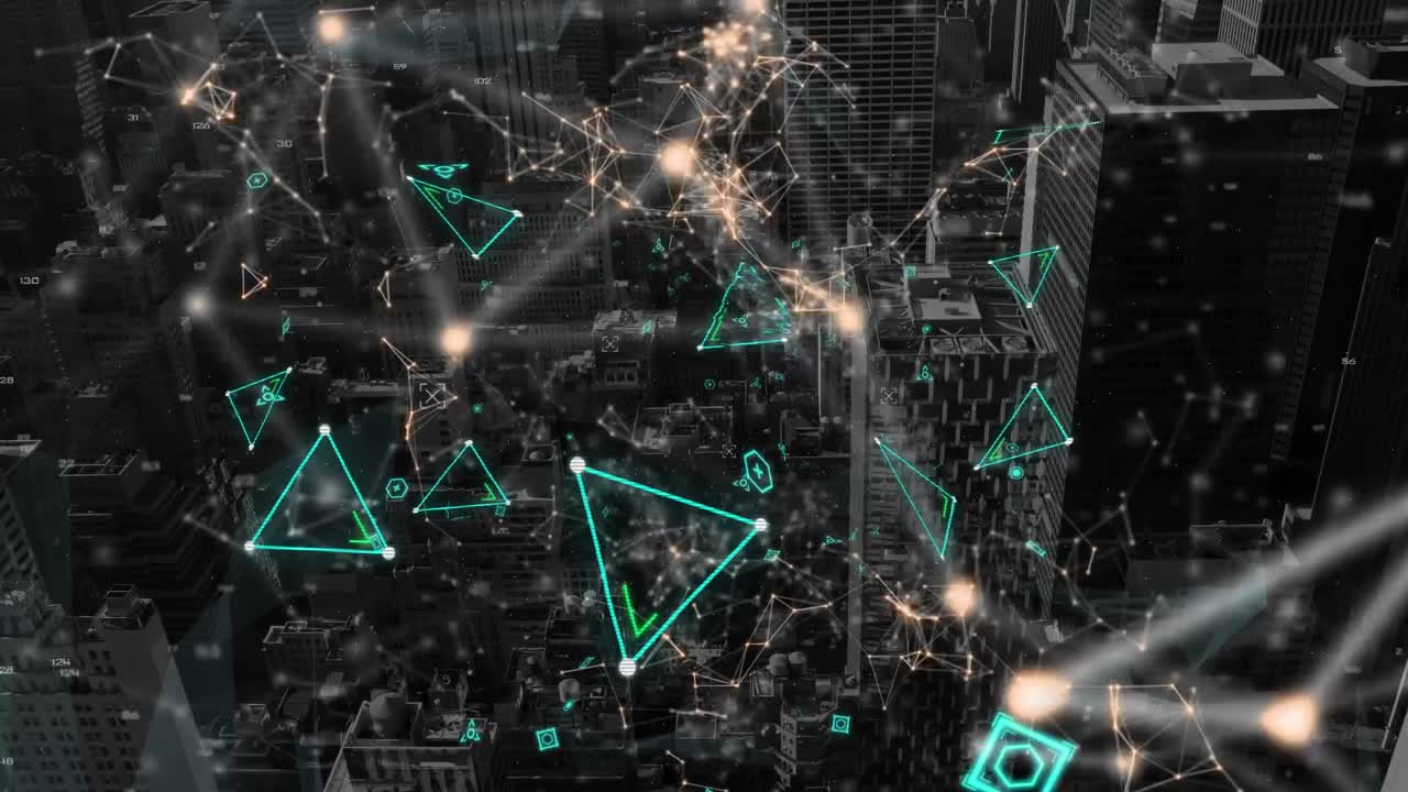 Animation of shapes moving over modern cityscape