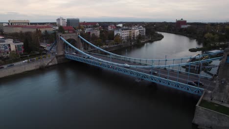 aerial view of the grunwald bridge over the oder river, the largest suspension bridge in wrocław, poland