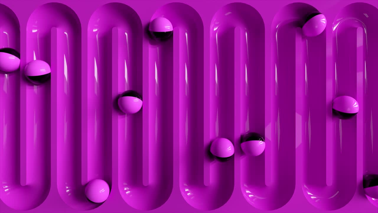 Bright colorful background with rolling balls along the paths. Plastic ball rolling in geometry deepening. 3d animation of a seamless loop