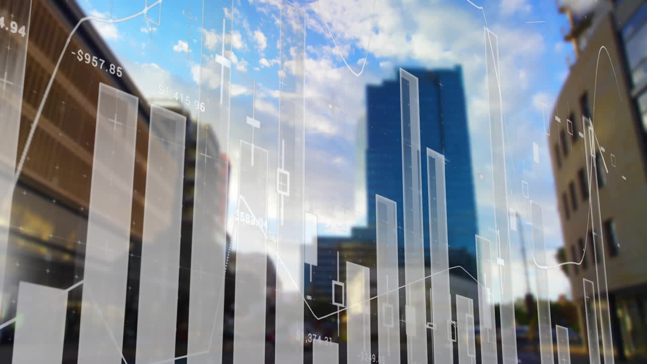 Animazione di grafico a barre finanziario e grafico a linee su skyline con grattacieli.