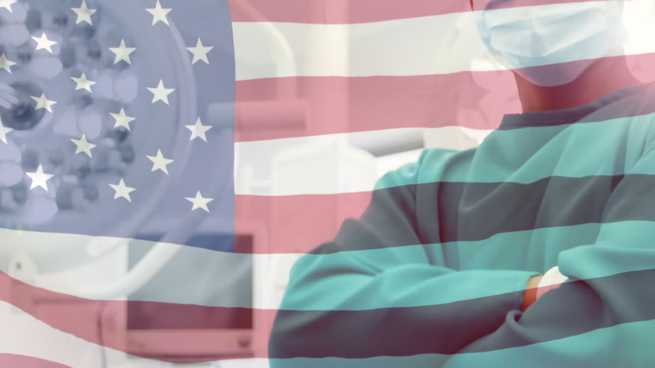 얼굴 마스크를 쓴 외과 의사 들 위 에 흔들리는 미국 국기 의 애니메이션