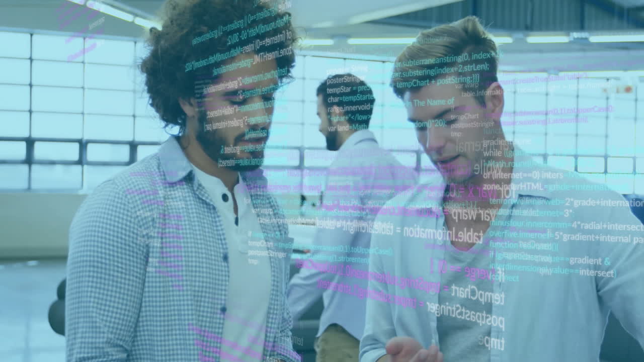 Animation of data processing over diverse male colleagues talking in office