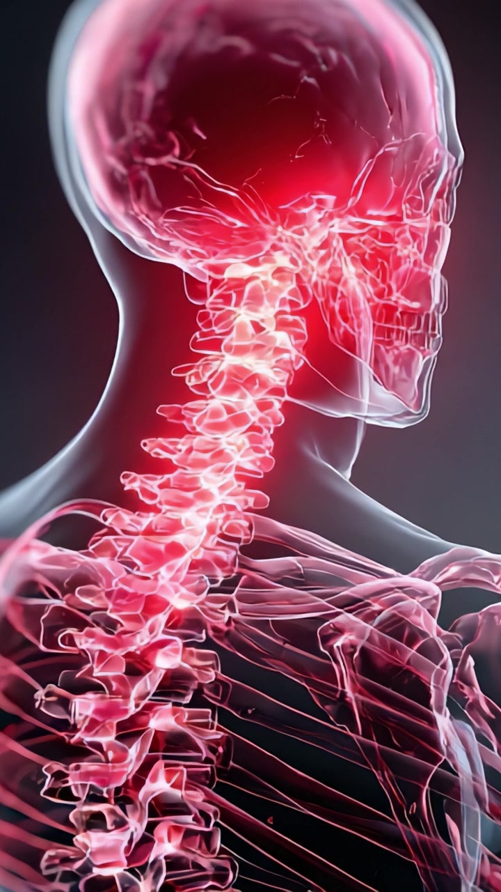 Una Vista Intricata dell'Anatomia Umana: Colonna Vertebrale e Cranio Illuminati che Mostrano la Complessità del Sistema Nervoso e della Struttura Scheletrica con Tecniche di Visualizzazione Dinamica