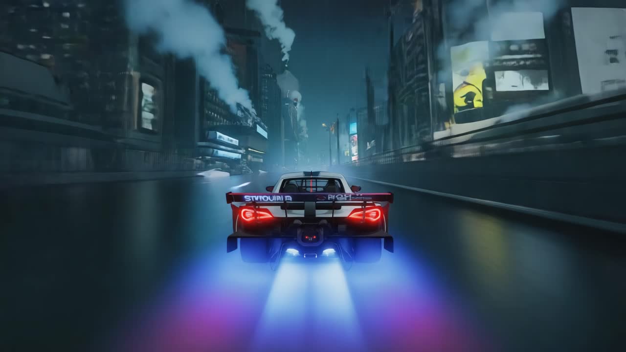 Futuristic Car Racing Through City at Night