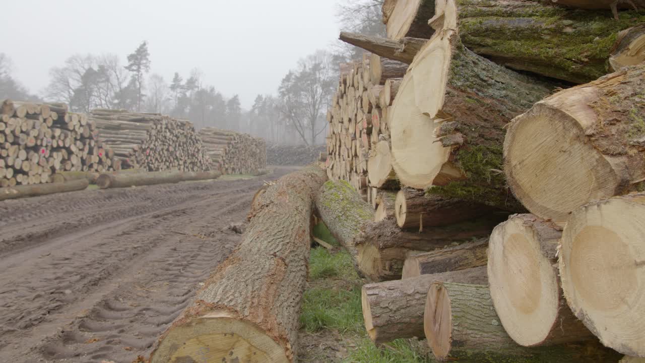 A large piles of cut logs lie on a mud meadow. Tire tracks are visible on earth. A heavy storm caused massive damage to the forest.