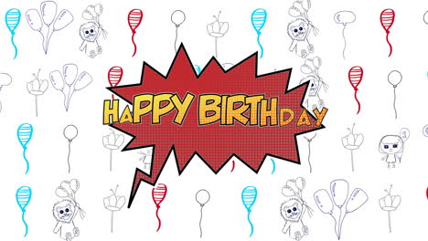 animación de texto de feliz cumpleaños sobre globos e iconos sobre fondo blanco.