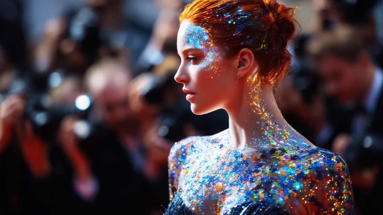 A Stunning Portrait of a Model with Glittering Body Art and Vivid Hair Color, Captured Elegantly During a High-Profile Event Surrounded by Photographers and Cameras