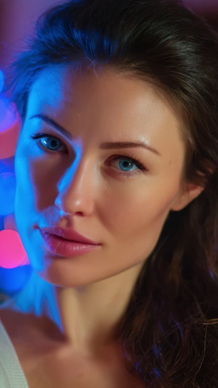 Un ritratto suggestivo cattura la bellezza serena di una donna con affascinanti occhi azzurri illuminati da luci bokeh colorate, rivelandone i tratti incantevoli