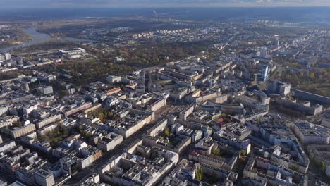 high aerial shot over soviet style warsaw poland