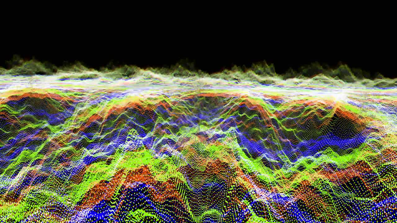 Futuristic abstract red green dark blue waveform ball oscillation, visualization wave technology digital surface with particles stars