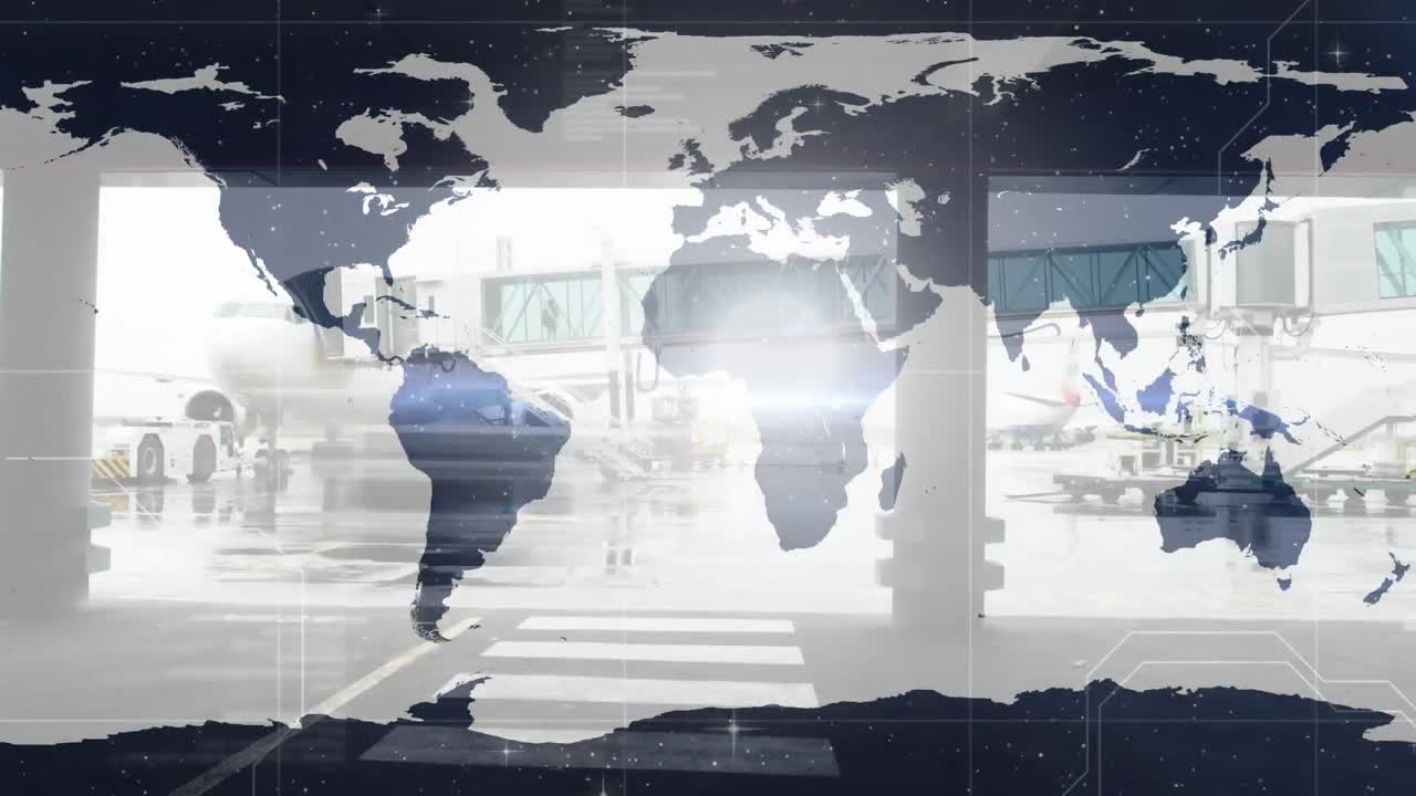 세계 지도에서 공항에서 빠르게 움직이는 트래픽에 대한 데이터 처리 애니메이션
