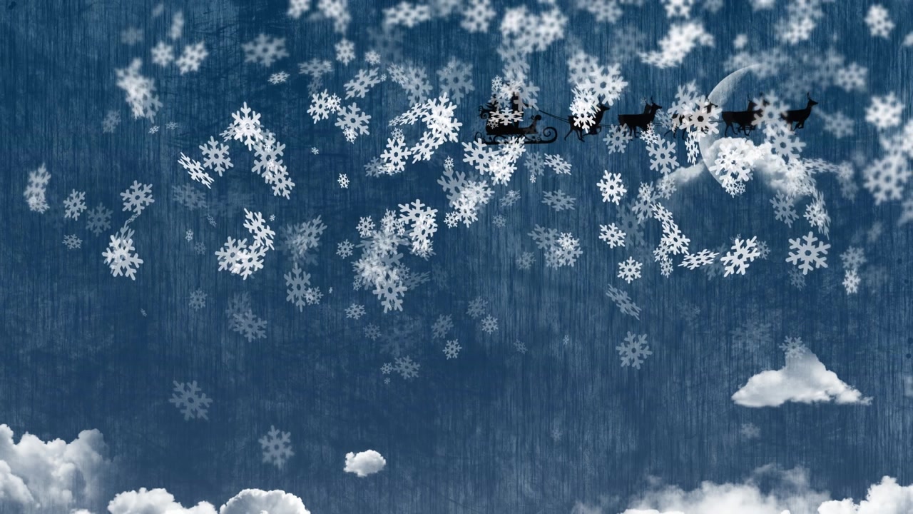 空の上をトナカイのそりに乗ったサンタクロースに雪が降るアニメーション。