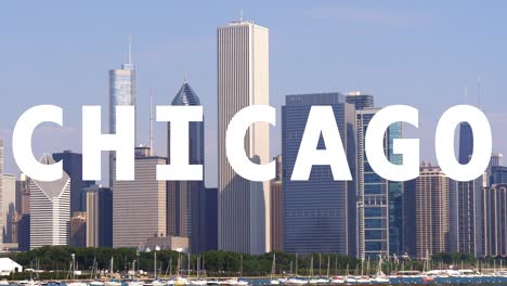 Aufnahme-Von-Stadtgebäuden-Und-Skyline-In-Amerika,-Illinois,-überlagert-Mit-Einer-Animierten-Grafik,-Die-Chicago-Buchstabiert