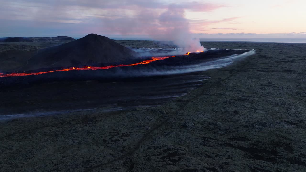 Volcanic landscape in Iceland with new 2023 eruption, aerial, Reykjanes