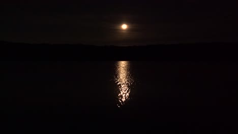 Luna-Llena-De-Cosecha-Con-Reflejo-Sobre-Un-Lago-Con-Silueta-De-Bosque-4k