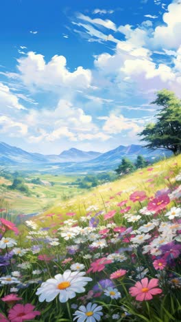 vibrant anime-style landscape with a low-angle view of a colorful flower field under a bright sky