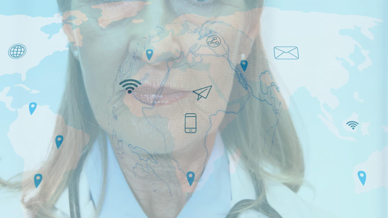 Female doctor presenting global health connectivity, showing world map overlay and icons
