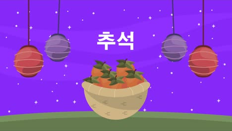 happy chuseok lettering with chinese letters and oranges basket