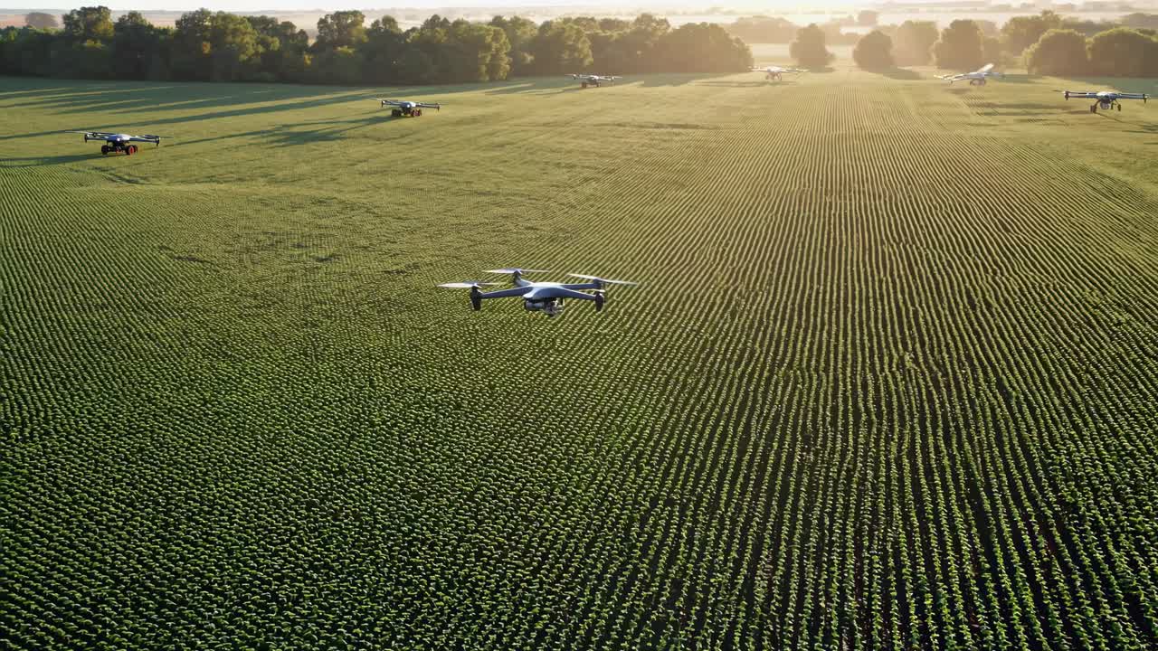 Aerial video captures drones flying over vast farmland, showcasing precision agriculture