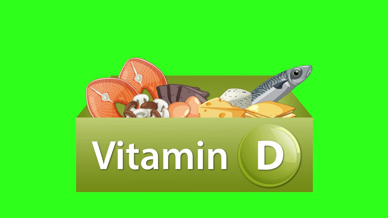 Parlak kroma yeşili arka plan üzerinde, etiketli kutudan yukarı doğru canlanan çeşitli D vitamini açısından zengin yiyecekler