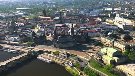 Dresden-Elbe-Valley-aerial-shot-with-Cathedral-Church-of-Our-Lady-by-river