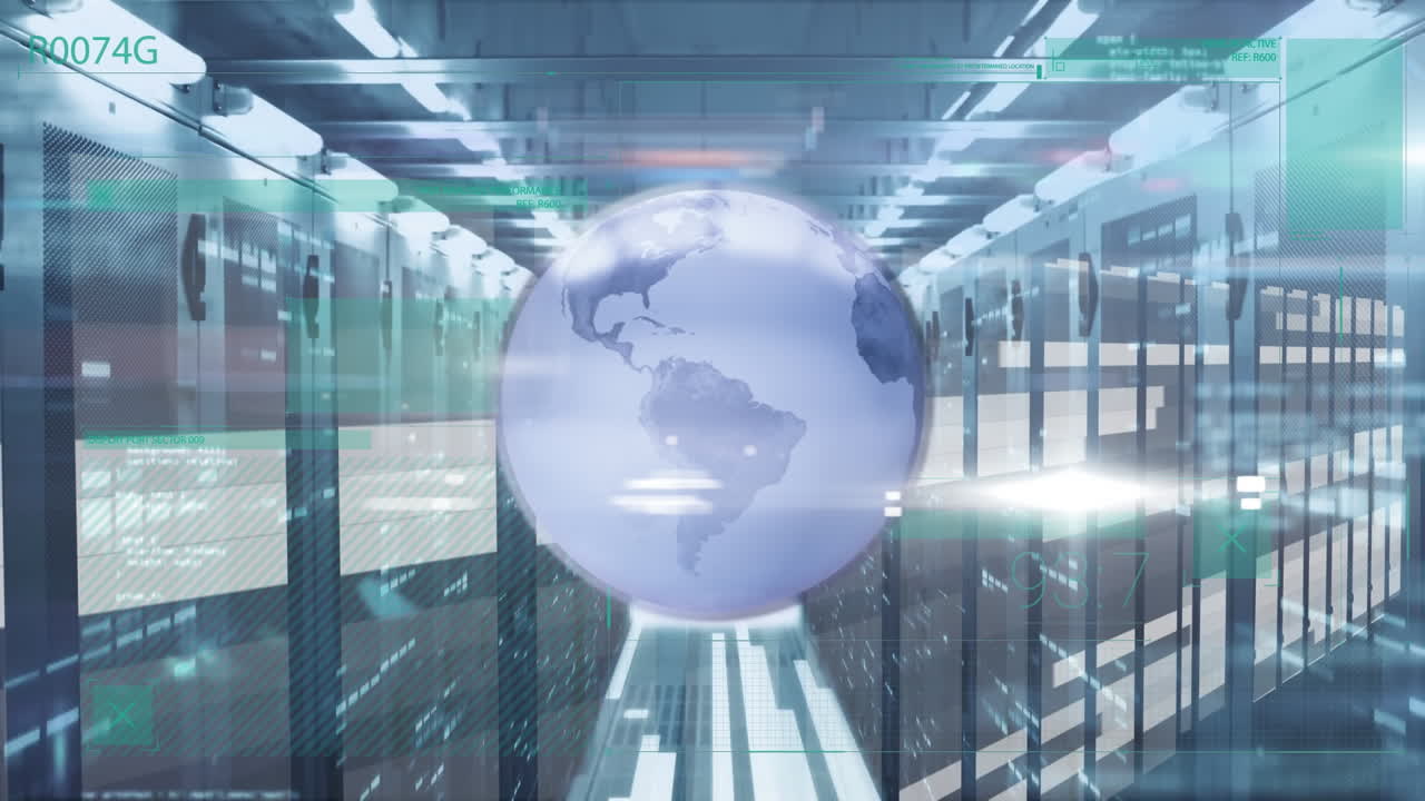 Animation of rotating digital globe with data and moving lines against server room