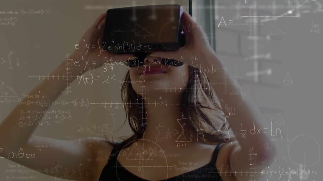 animación de dibujos matemáticos y ecuaciones sobre mujer usando auriculares vr