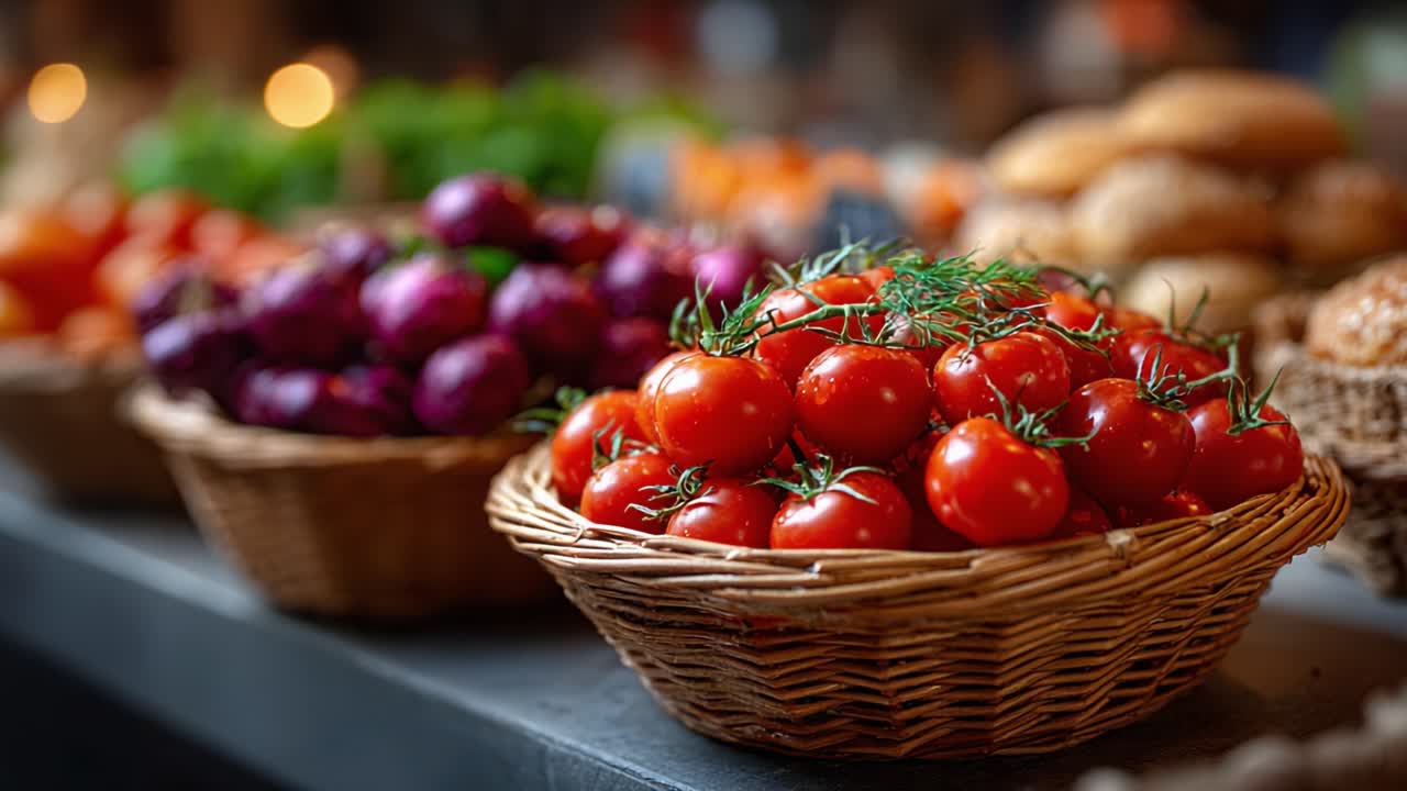 Vibrant Display of Fresh Tomatoes and Vegetables in a Rustic Market Setting, Showcasing Nature's Bounty and Colorful Produce Arrangements