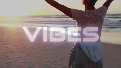 animación de vibraciones de texto sobre la gente en la orilla del mar
