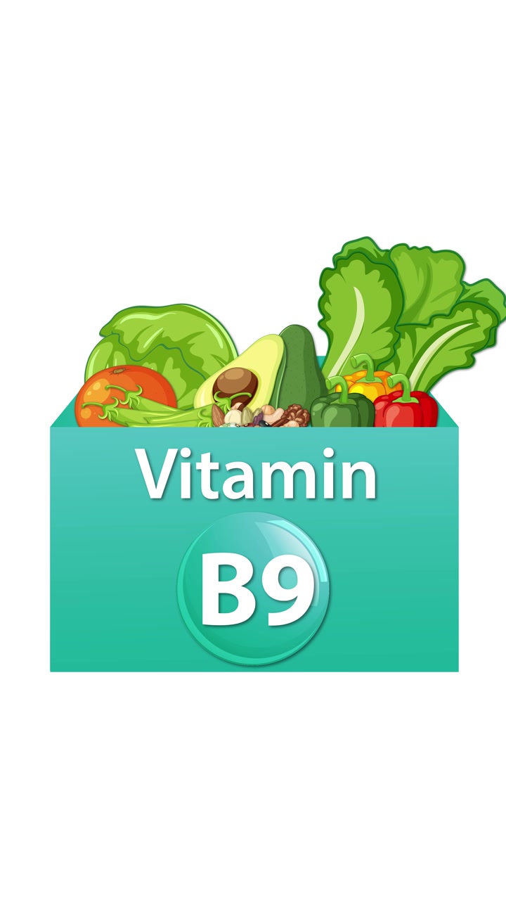 Una scatola etichettata Vitamina B9 si apre, rivelando verdure assortite, transizioni fluide, illuminazione brillante, sfondo pulito.