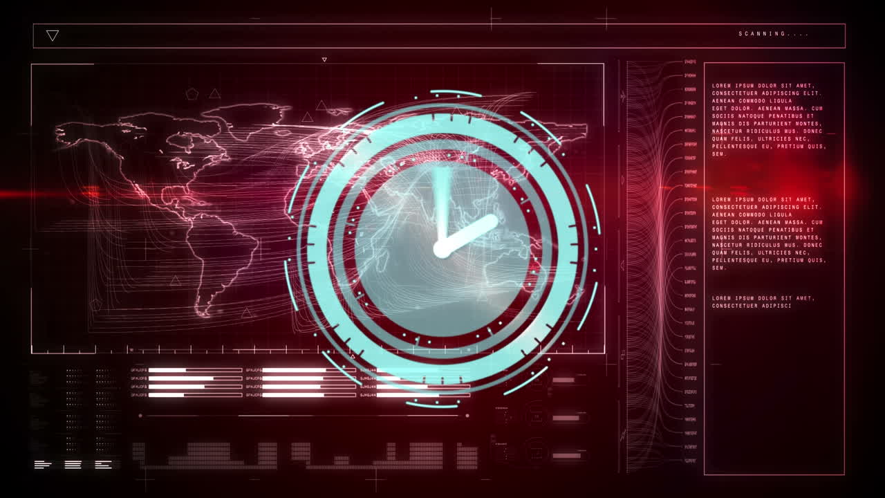 Animation of scope scanning with clock over data processing on red background