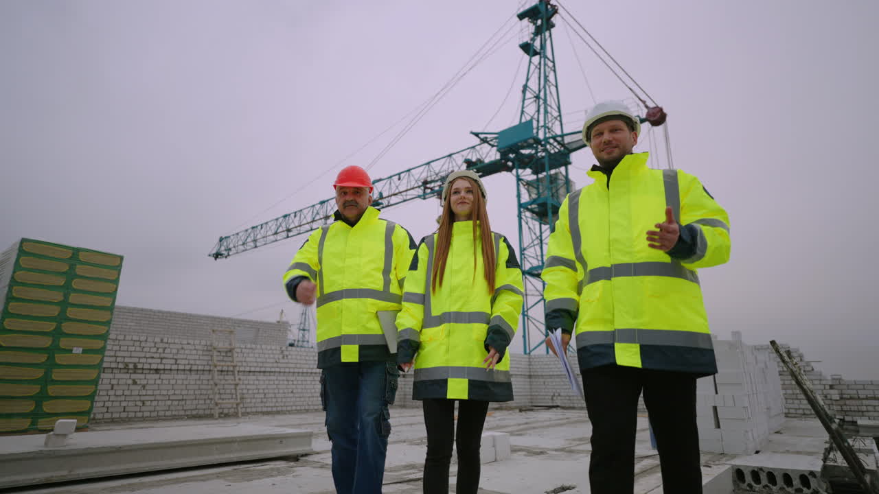 three building inspectors are walking in construction site female architect and male civil engineers