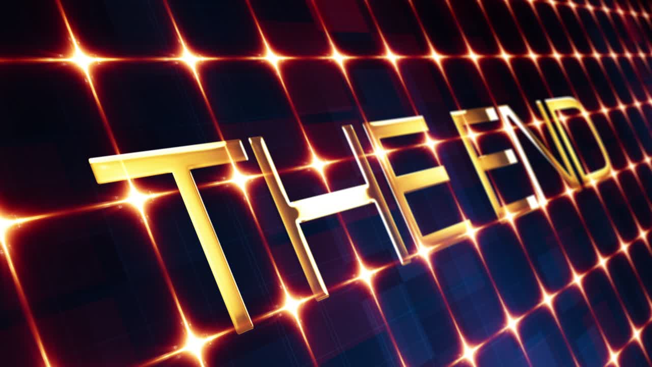 Testo dorato tremolante "The End" animato in loop continuo, titolo di trailer cinematografico di chiusura per sfondo a griglia digitale hi-tech 3D di tecnologia futuristica e fantascienza. Rendering 3D 4K in loop.