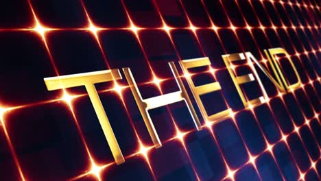 seamless loop animated "the end" flickering golden text cinematic ending trailer title for sci-fi science futuristic technology 3d digital hi-tech grid background. 4k 3d rendering looping.