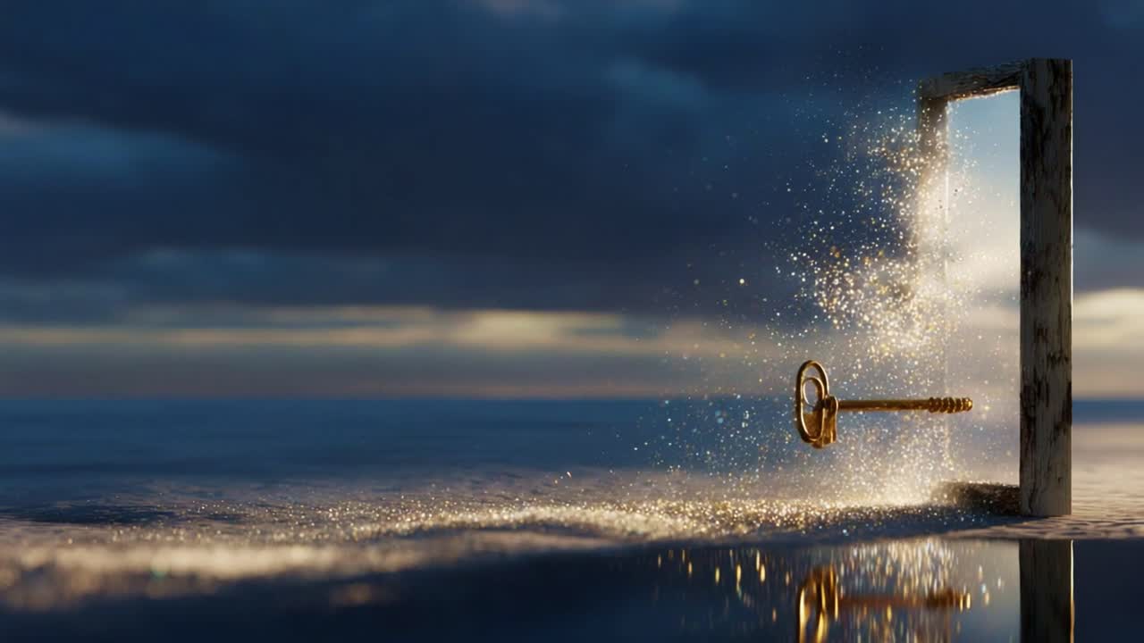 A Magical Portal of Transformation: A Stunning Visual of a Key and an Open Frame Leading to an Enigmatic Oceanic Horizon, Filled with Sparkles and Dreamlike Elements of Possibility