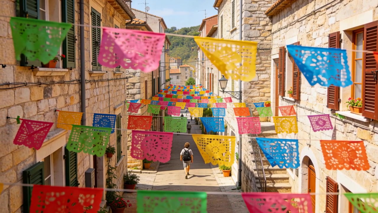 Turista caminhando com mochila, impulsionado pelo sol, movendo-se em direção à câmera pela rua, com bandeiras de papel picado.
