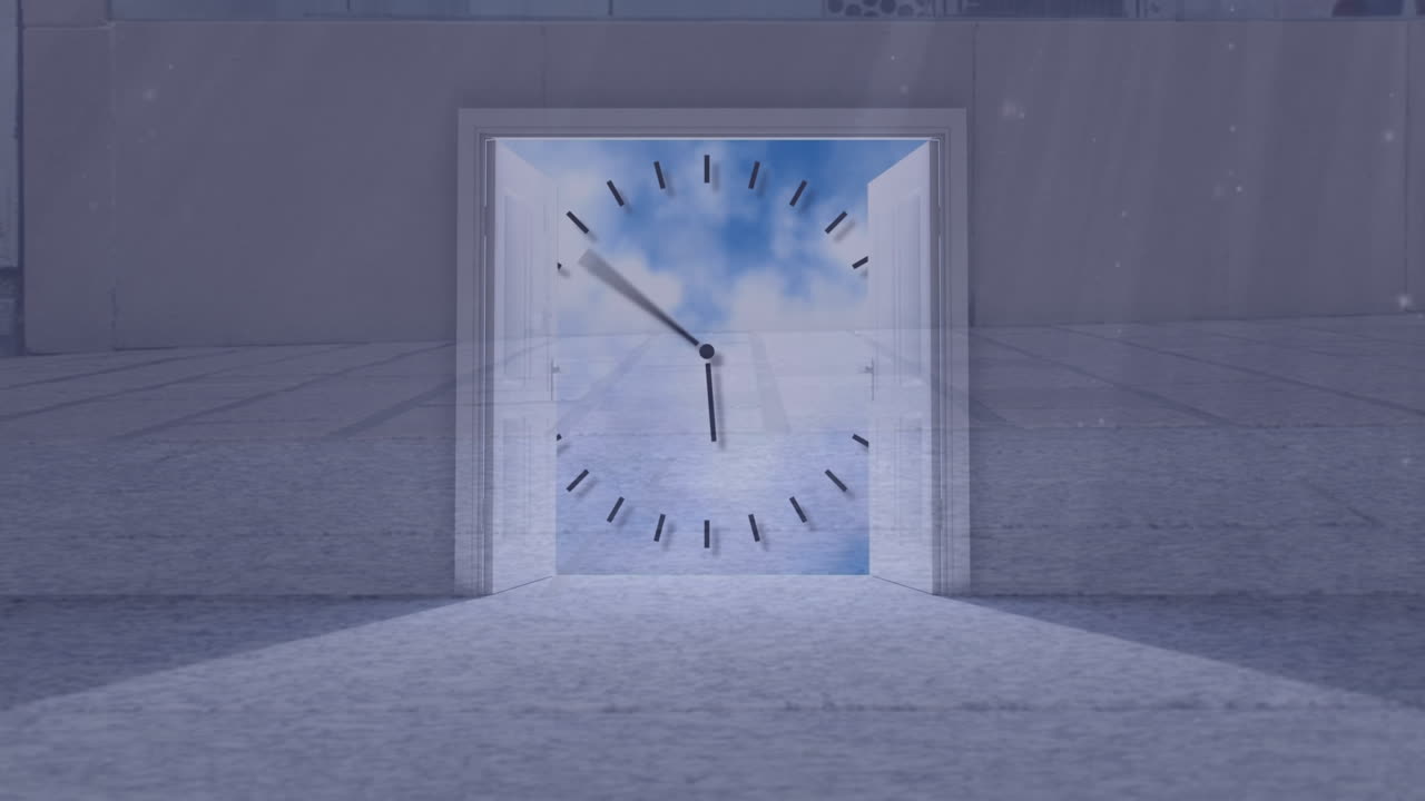 Animation of clock moving over people walking and door