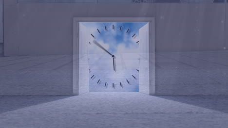 animation of clock moving over people walking and door