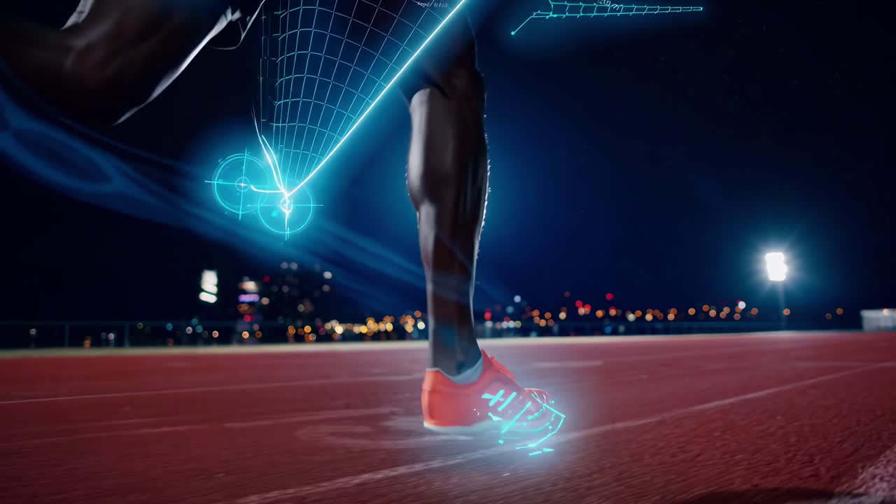 Low-angle video of a runner's legs on a track at night, with digital data overlays