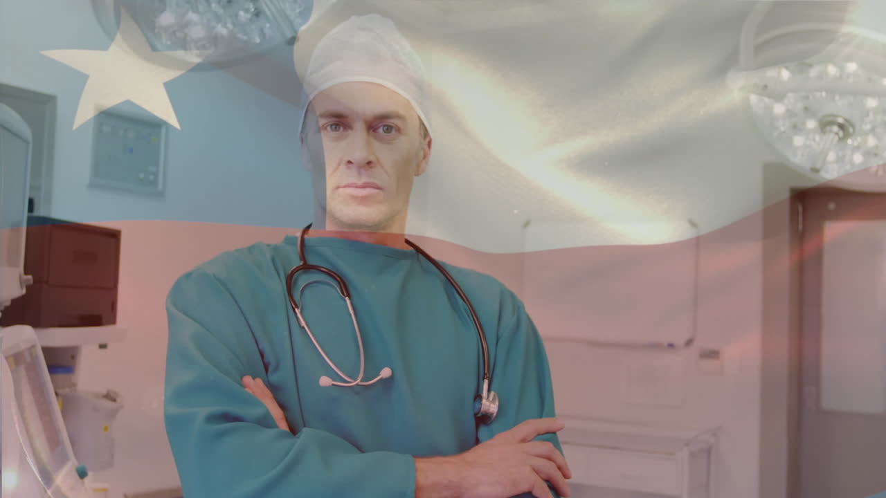 animación de la bandera de chile ondeando sobre el cirujano en el quirófano