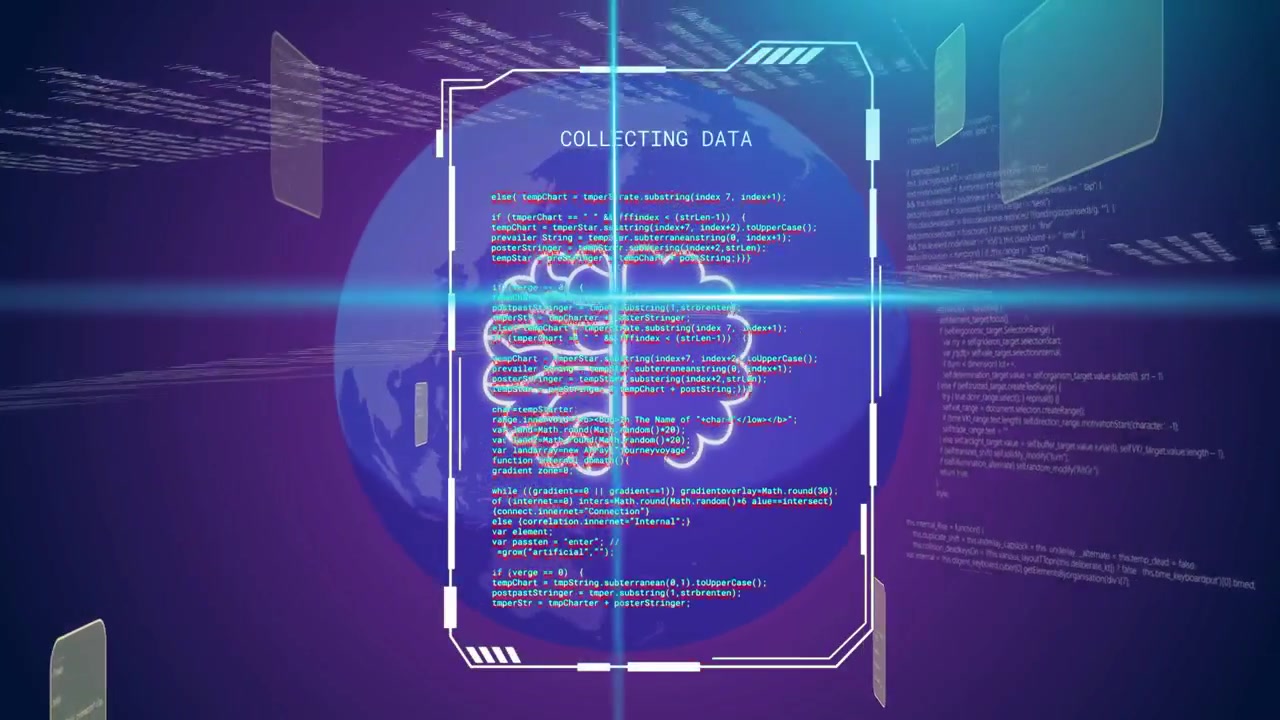 Central HUD appearing, starting orbiting panels and scanning beams, tracing brain, forming data net