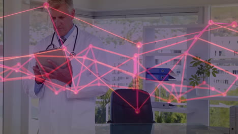 male doctor interacting with tablet in modern medical office, with pink network lines overlay