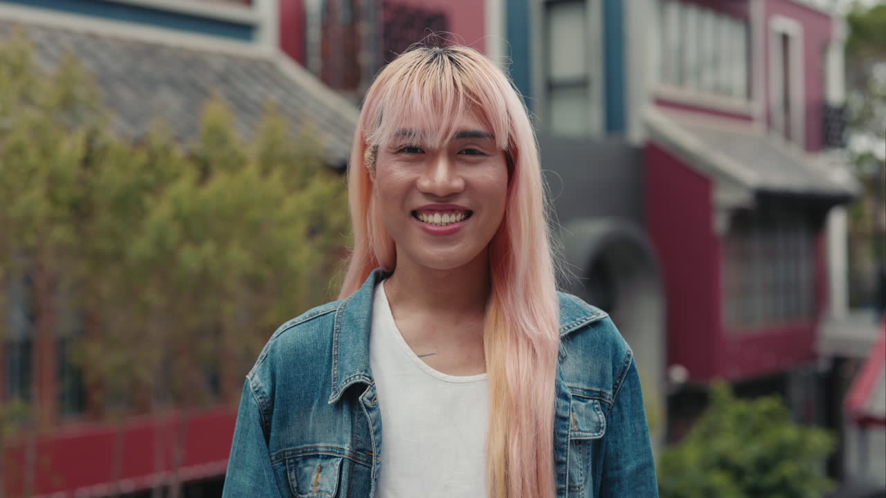 Smiling Person with Pink Hair