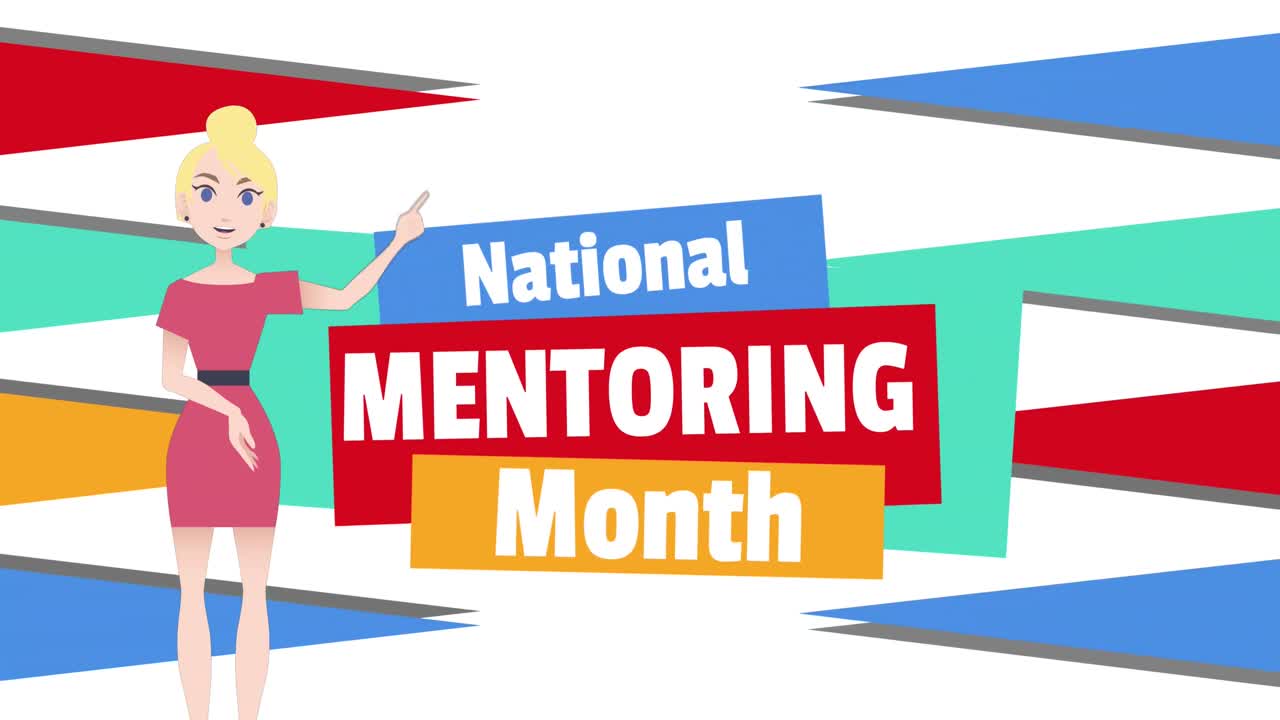 국가 멘토링 달 텍스트에 대해 이야기하는 여성의 애니메이션